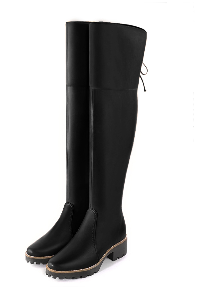 Satin black women's leather thigh-high boots. Round toe. Low rubber soles. Made to measure - Florence KOOIJMAN
